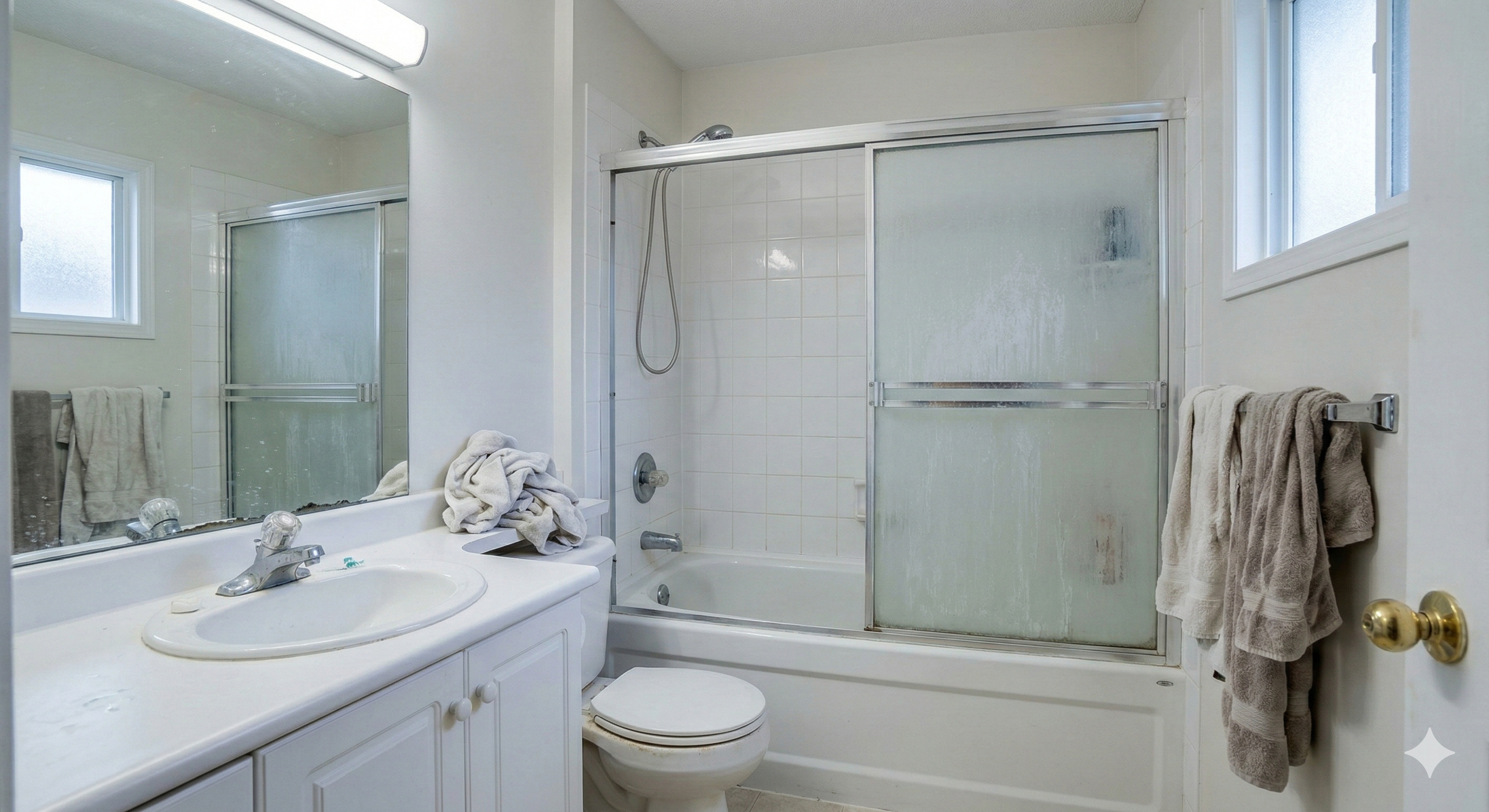 Bathroom before deep cleaning — soap scum and grime buildup
