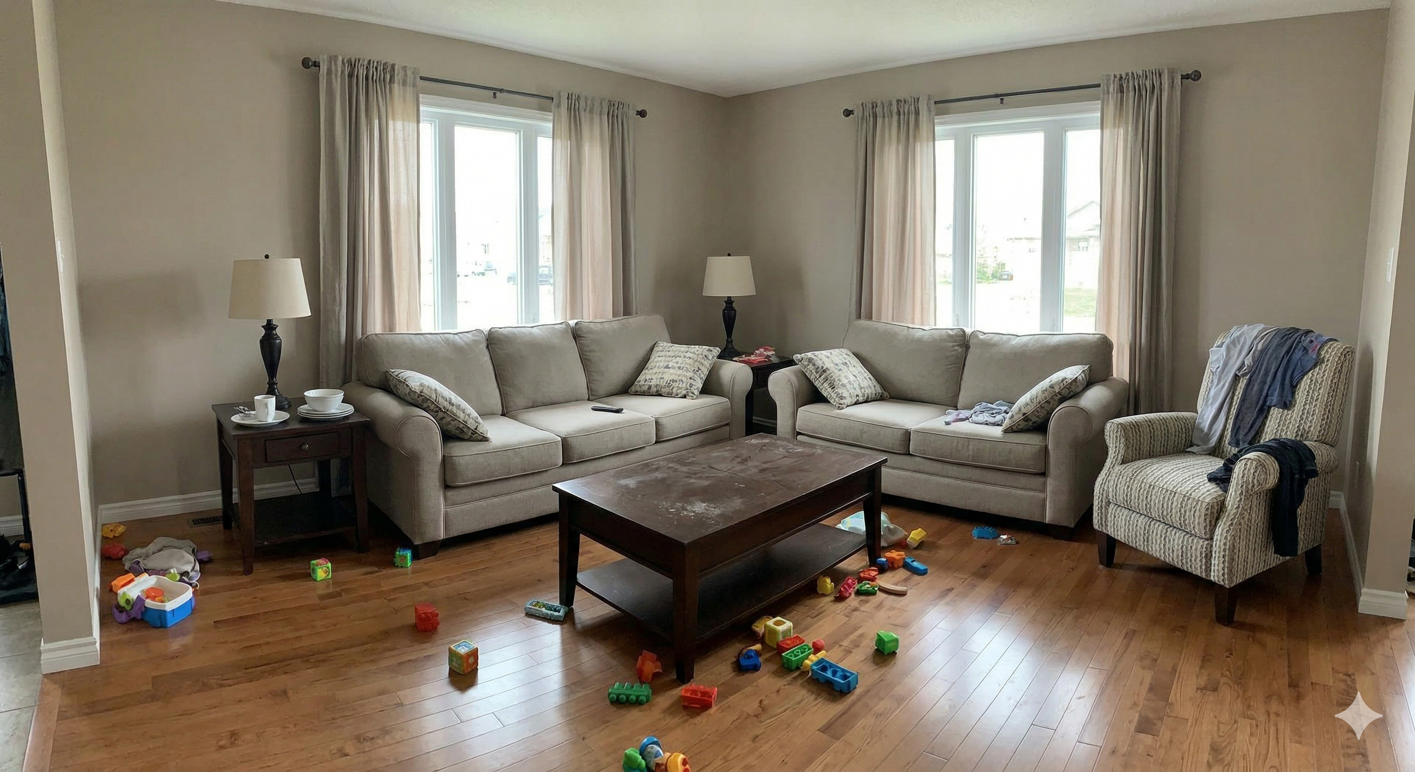 Home before professional cleaning — dusty and untidy surfaces