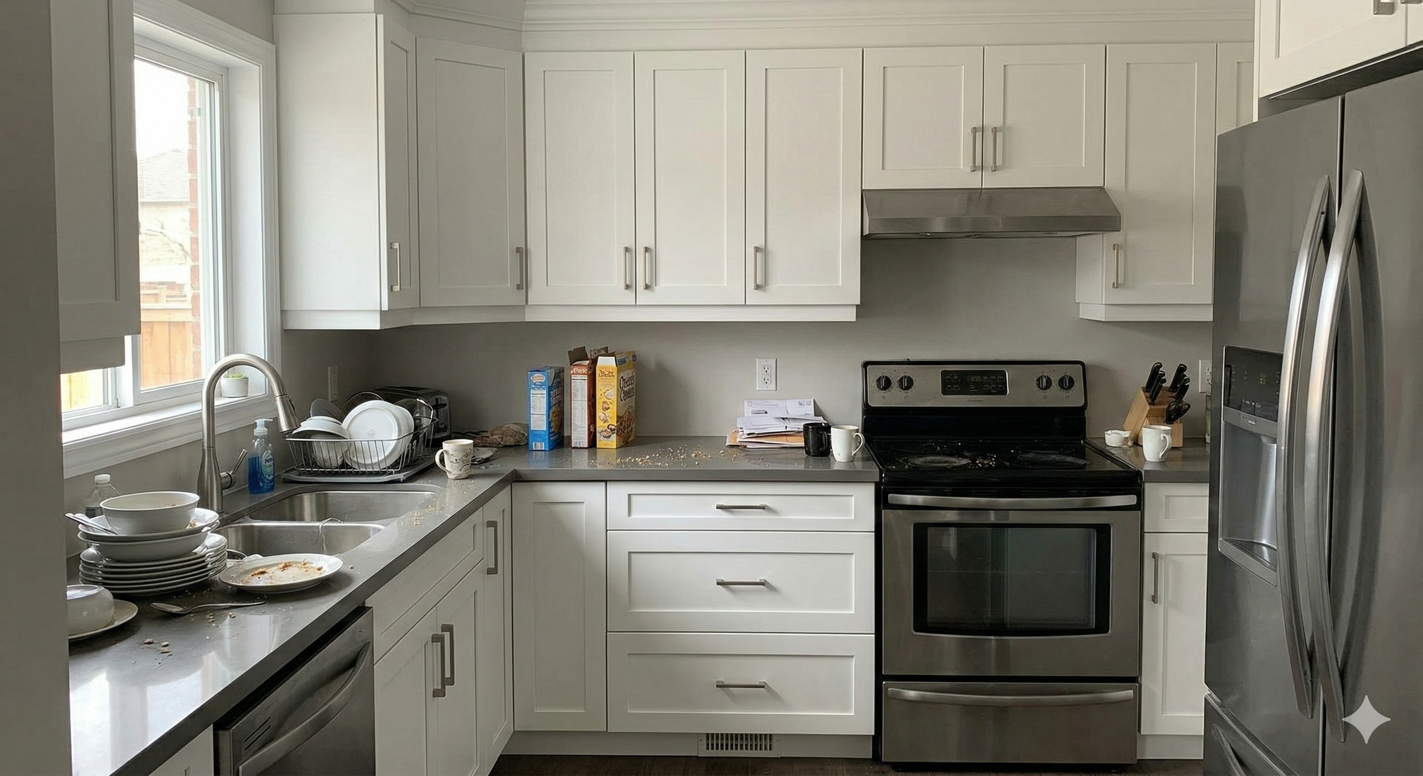 Kitchen before cleaning — greasy surfaces and clutter